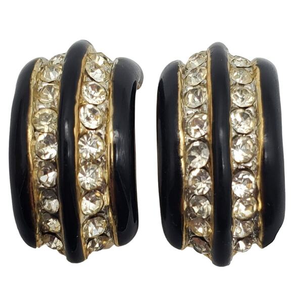 Black Gold Half Hoop Earrings Clip On Enamel Rhinestone Donald Stannard Vintage - Picture 1 of 5